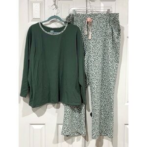 Lands' End Pajama Set 2X Green Floral Top & Pants NWT